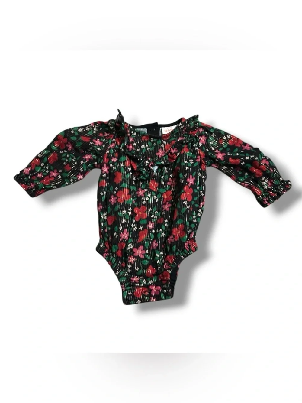 Cat & Jack Black Floral Long Sleeve Woven Lurex Romper Baby Girl Newborn Size